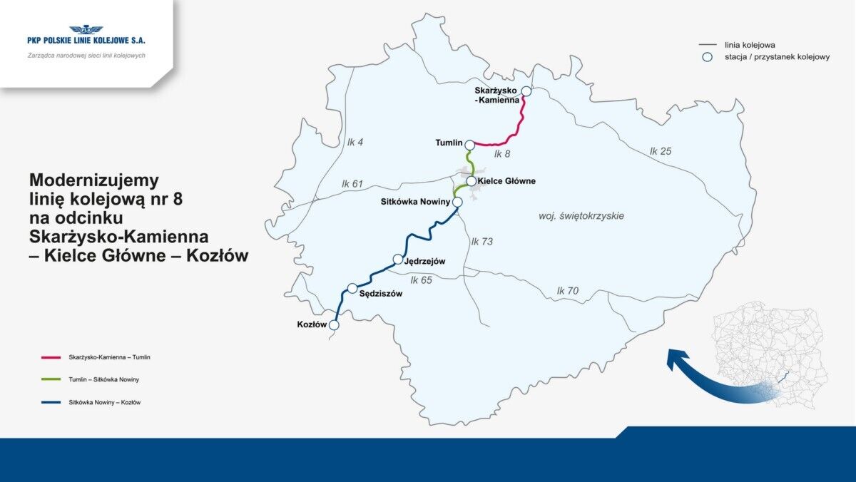 csm Mapa wojewodztwa swietokrzyskiego z zaznaczona linia kolejowa nr 8 na odcinku Skarzysko Kamienna Kielce Glowne Kozlow a8fa93cb13
